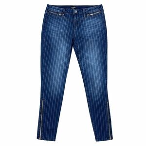Bebe Blue Pinstripe Skinny Jeans With Ankle Zippers Womens Size 29 Stretch Denim